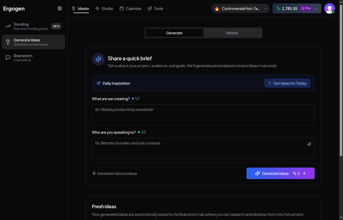 Ideate interface showing brief inputs