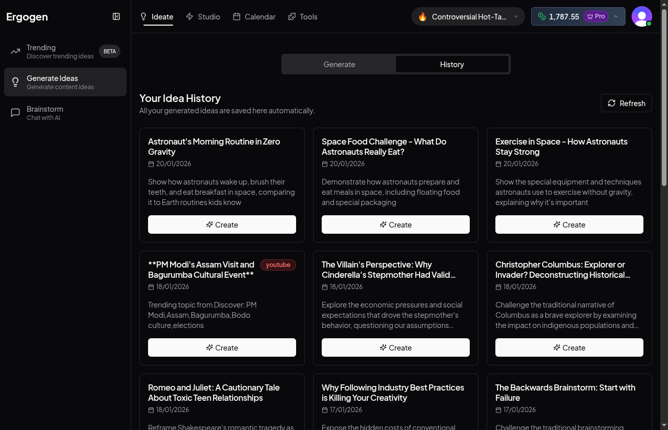 History tab showing list of past generations