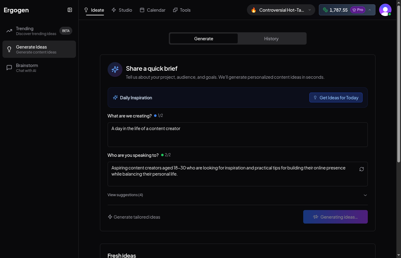 Ideate interface showing filled brief inputs