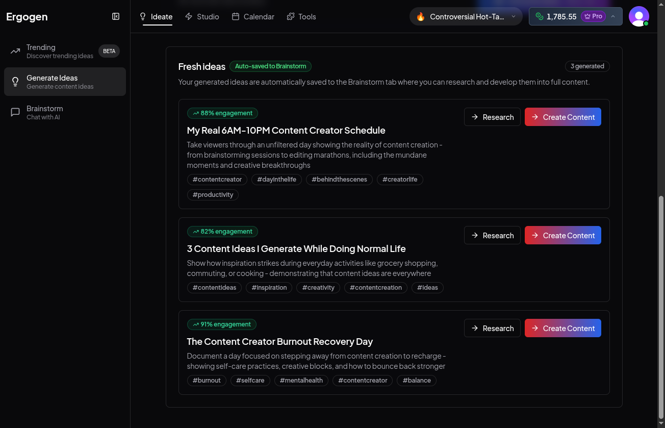 List of generated content ideas with engagement scores