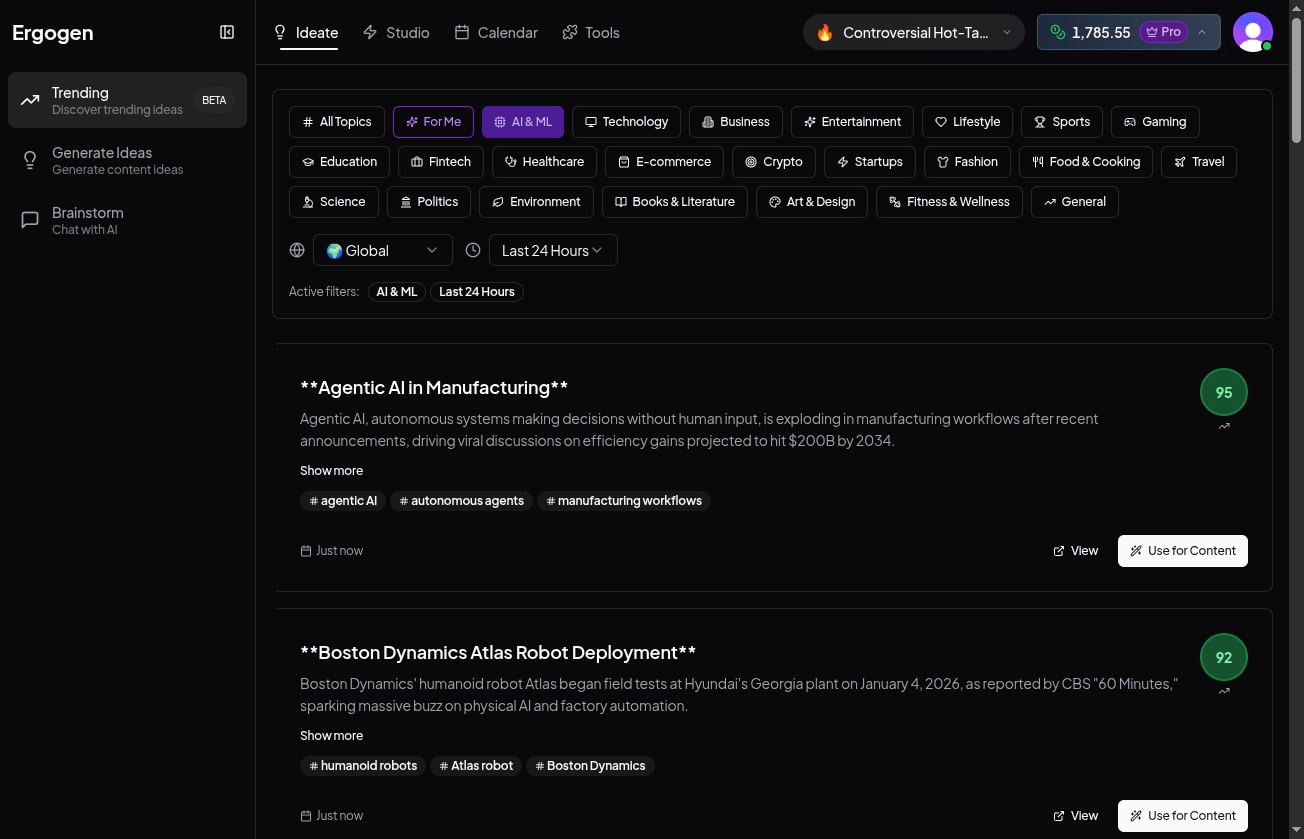 Trending interface showing topic filters and viral content cards
